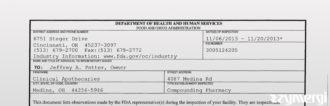 FDANews 483 Clinical Apothecaries Nov 20 2013 top