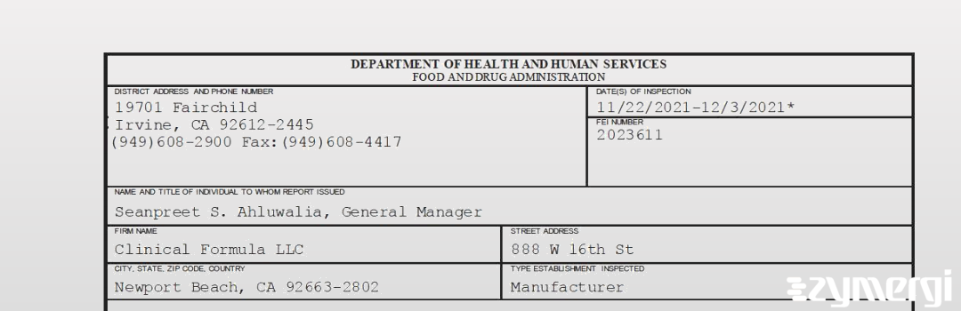 FDANews 483 Clinical Formula LLC Dec 3 2021 top