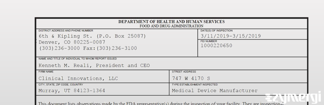 FDANews 483 Clinical Innovations, LLC Mar 15 2019 top