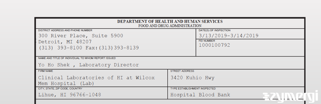 FDANews 483 Clinical Laboratories of HI at Wilcox Mem Hospital (Lab) Mar 14 2019 top