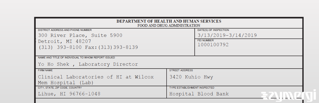 FDANews 483 Clinical Laboratories of HI at Wilcox Mem Hospital (Lab) Mar 14 2019 top