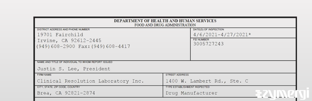 FDANews 483 Clinical Resolution Laboratory Inc. Apr 27 2021 top