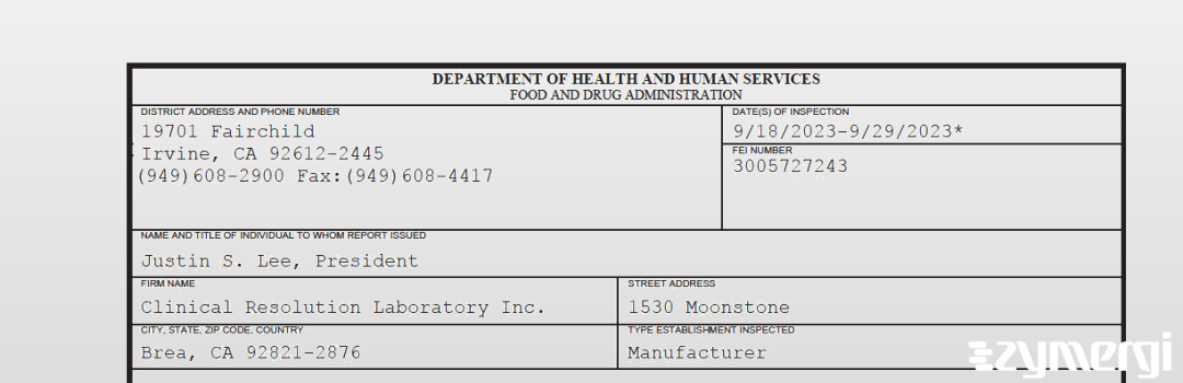 FDANews 483 Clinical Resolution Laboratory Inc. Sep 29 2023 top