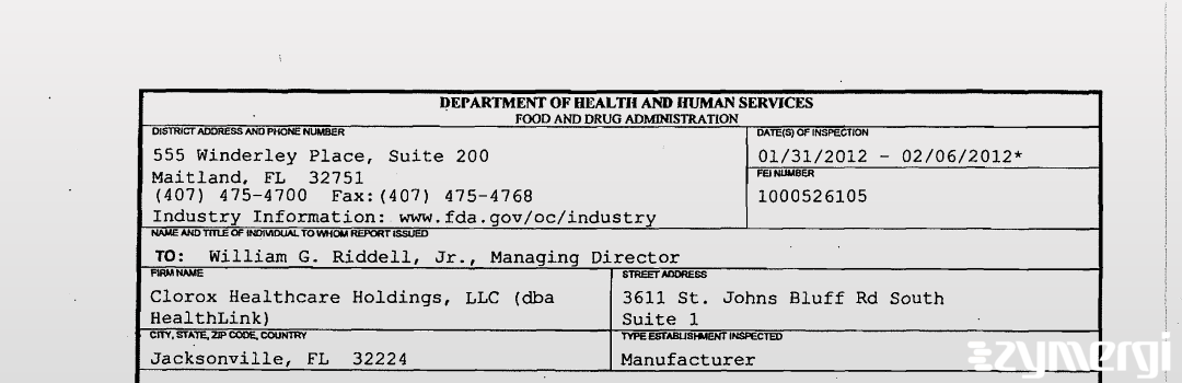 FDANews 483 Clorox Healthcare Holdings, LLC (dba HealthLink) Feb 6 2012 top