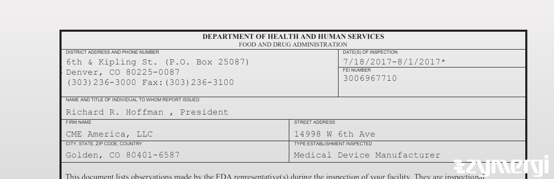 FDANews 483 CME America, LLC Aug 1 2017 top