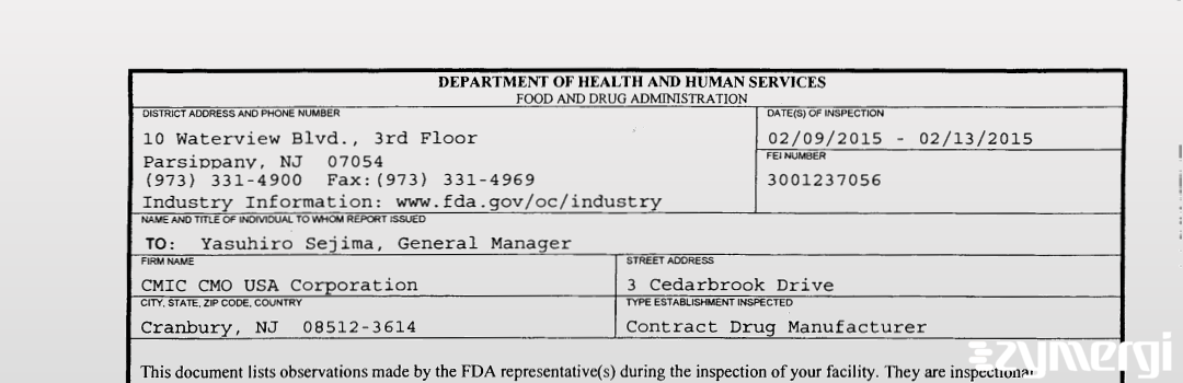 FDANews 483 CMIC CMO USA Corporation Feb 13 2015 top