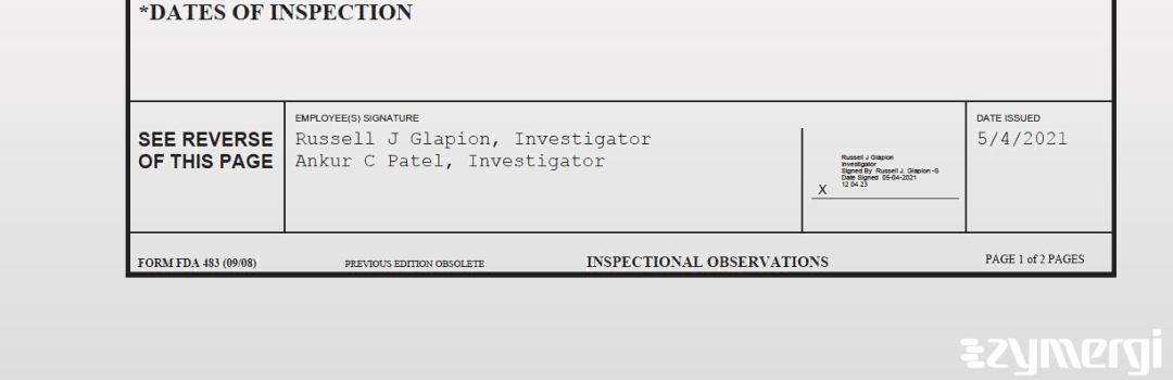 Russell J. Glapion FDA Investigator Ankur C. Patel FDA Investigator