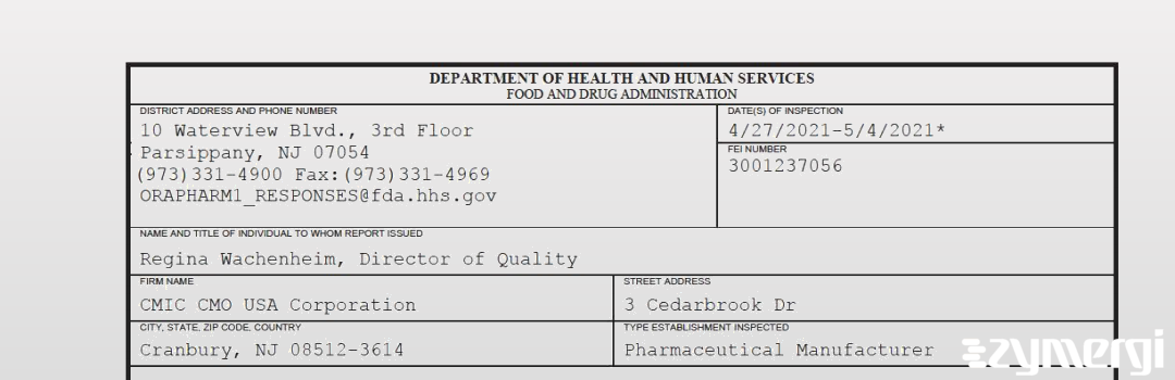 FDANews 483 CMIC CMO USA Corporation May 4 2021 top