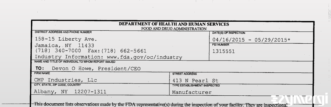 FDANews 483 CMP Industries, Llc May 29 2015 top