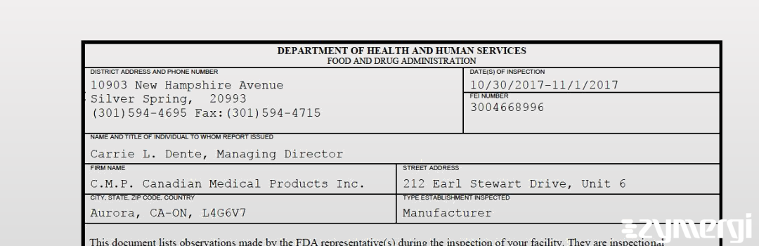 FDANews 483 C.M.P. Canadian Medical Products Inc. Nov 1 2017 top