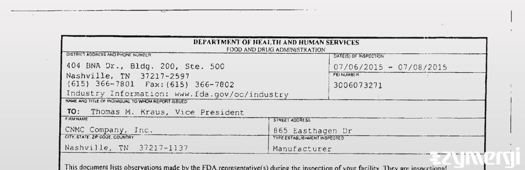 FDANews 483 CNMC Company, Inc. Jul 8 2015 top