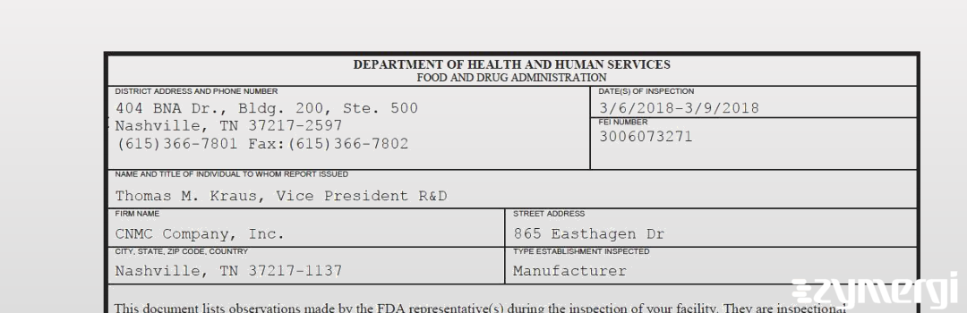 FDANews 483 CNMC Company, Inc. Mar 9 2018 top