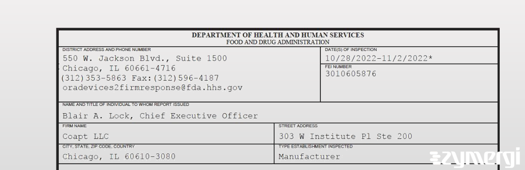 FDANews 483 Coapt LLC Nov 2 2022 top