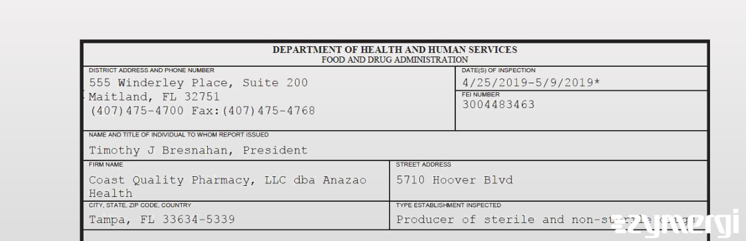 FDANews 483 Coast Quality Pharmacy, LLC dba Anazao Health May 9 2019 top