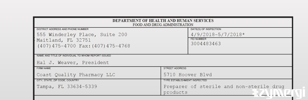 FDANews 483 Coast Quality Pharmacy LLC May 7 2018 top