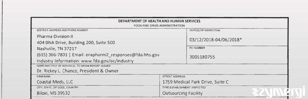 FDANews 483 Coastal Meds, LLC Apr 6 2018 top