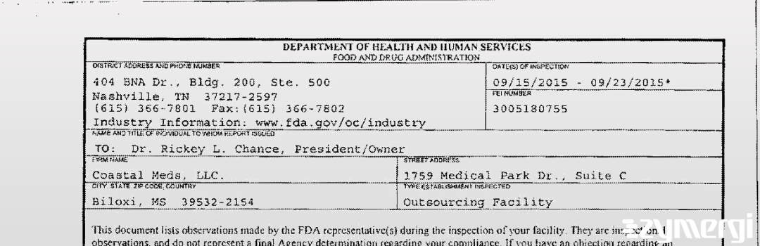 FDANews 483 Coastal Meds, LLC Sep 23 2015 top