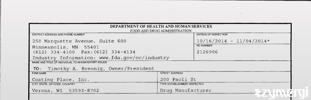 FDANews 483 Coating Place, Inc. Nov 4 2014 top