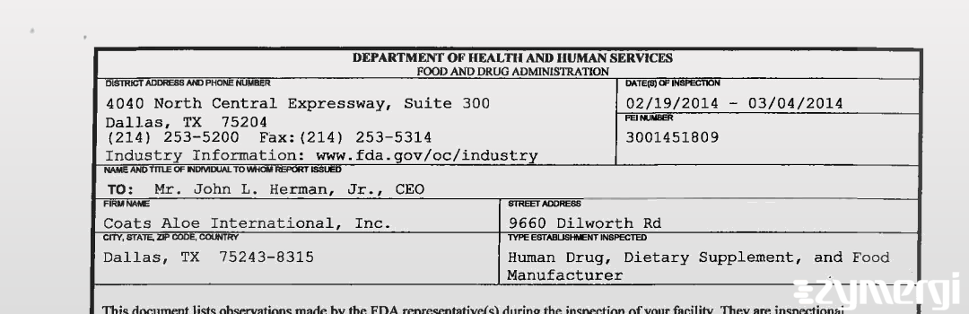 FDANews 483 Coats Aloe International, Inc. Mar 4 2014 top