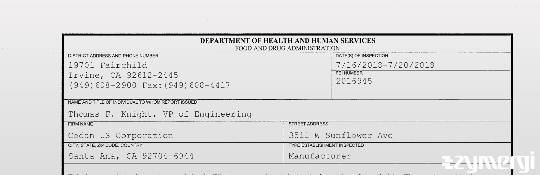 FDANews 483 Codan US Corporation Jul 20 2018 top