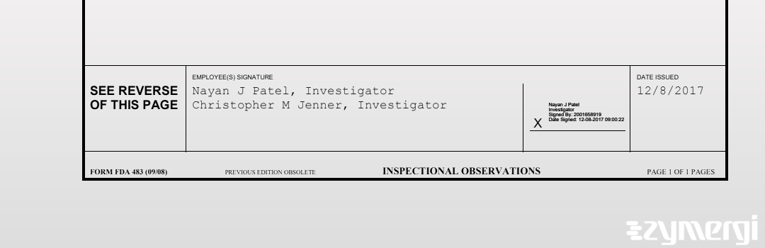 Christopher M. Jenner FDA Investigator Nayan J. Patel FDA Investigator 