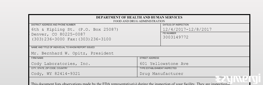 FDANews 483 Cody Laboratories, Inc. Dec 8 2017 top