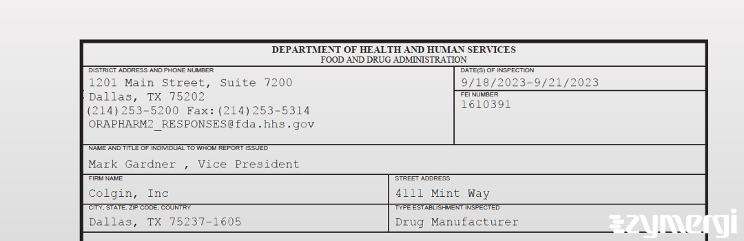 FDANews 483 Colgin, Inc Sep 21 2023 top