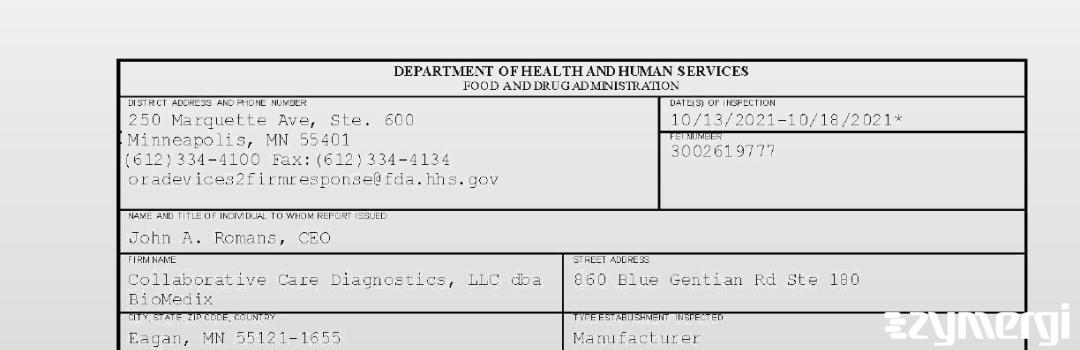 FDANews 483 Collaborative Care Diagnostics, LLC dba BioMedix Oct 18 2021 top