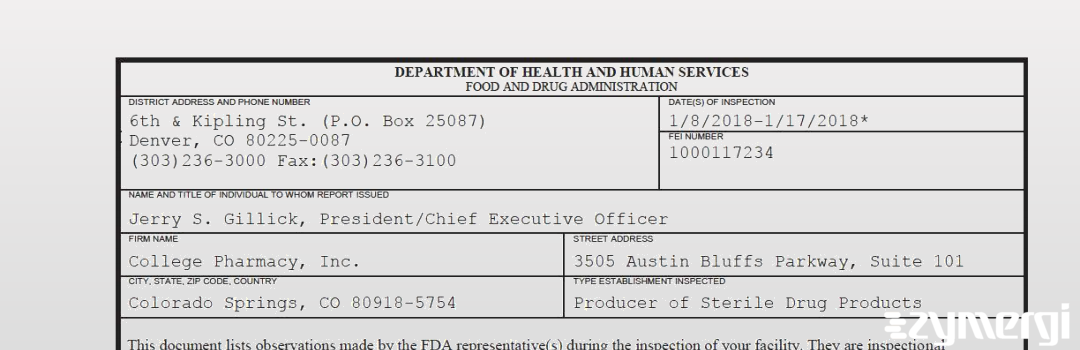 FDANews 483 College Pharmacy, Inc. Jan 17 2018 top