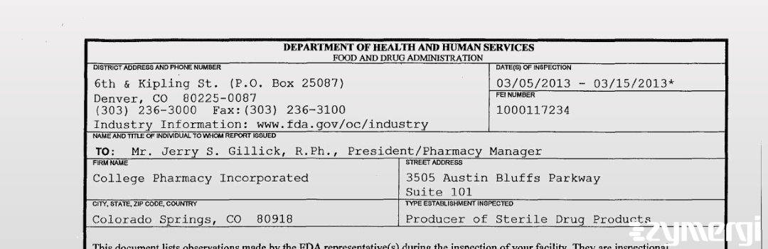 FDANews 483 College Pharmacy Incorporated Mar 15 2013 top