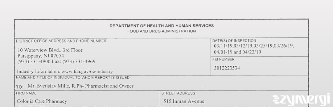 FDANews 483 Colonia Care Pharmacy Apr 22 2019 top