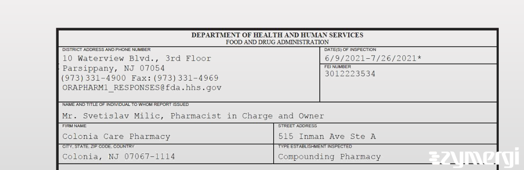 FDANews 483 Colonia Care Pharmacy Jul 26 2021 top