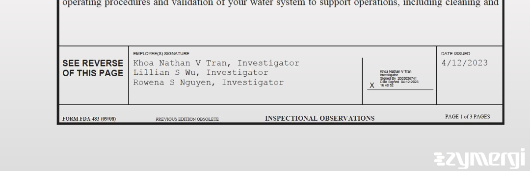 Khoa Nathan Tran FDA Investigator Lillian S. Wu FDA Investigator Rowena S. Nguyen FDA Investigator Tran, Khoa Nathan V FDA Investigator 