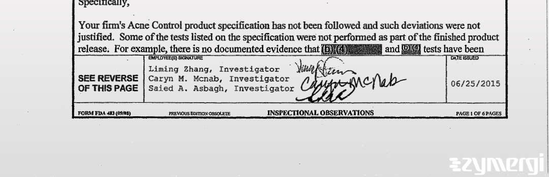 Saied A. Asbagh FDA Investigator Liming Zhang FDA Investigator Caryn M. McNab FDA Investigator