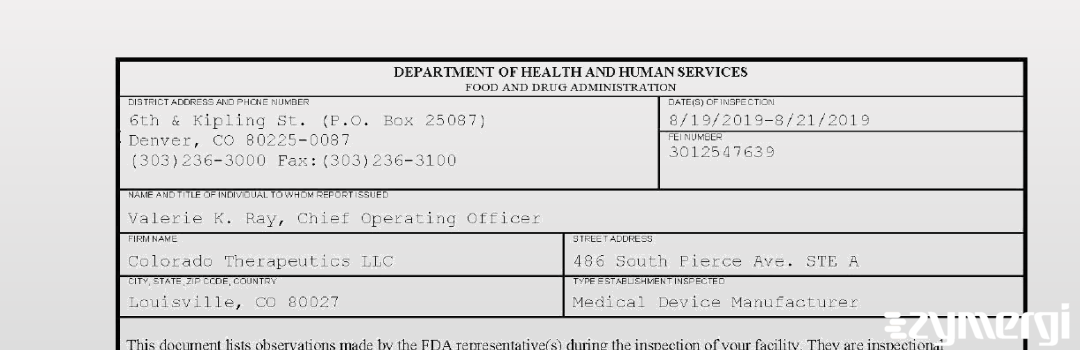 FDANews 483 Colorado Therapeutics LLC Aug 21 2019 top