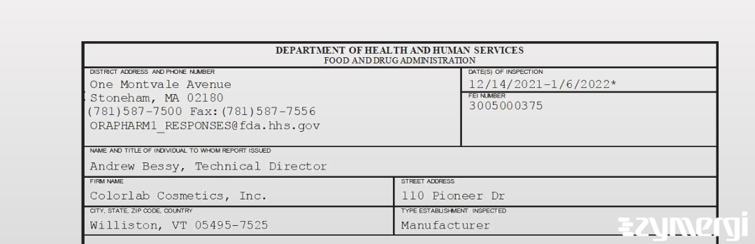 FDANews 483 Colorlab Cosmetics, Inc. Jan 6 2022 top