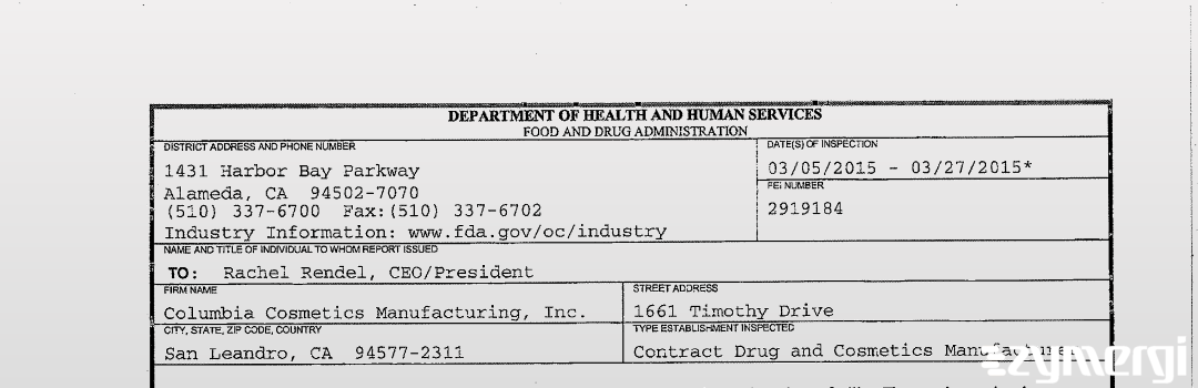 FDANews 483 Columbia Cosmetics Manufacturing, Inc. Mar 27 2015 top