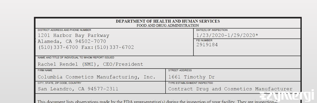 FDANews 483 Columbia Cosmetics Manufacturing, Inc. Jan 29 2020 top