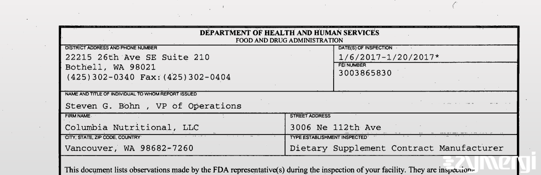 FDANews 483 Columbia Nutritional LLC Jan 20 2017 top