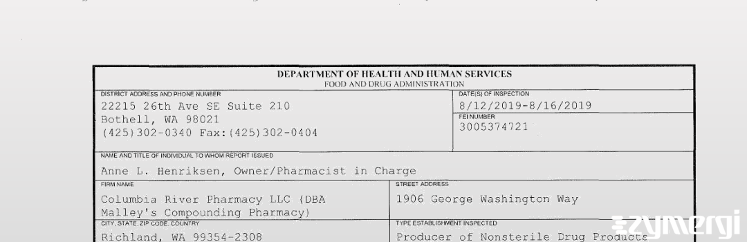 FDANews 483 Columbia River Pharmacy LLC (DBA Malley's Compounding Pharmacy) Aug 16 2019 top