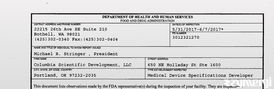 FDANews 483 Columbia Scientific Development LLC Jun 7 2017 top