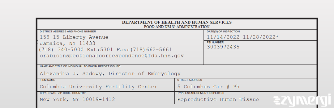 FDANews 483 Columbia University Fertility Center Nov 28 2022 top