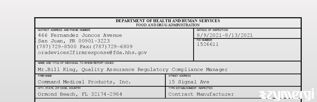 FDANews 483 Command Medical Products, Inc. Aug 13 2021 top