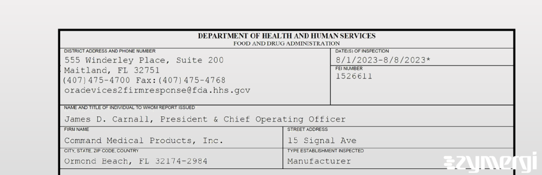 FDANews 483 Command Medical Products, Inc. Aug 8 2023 top