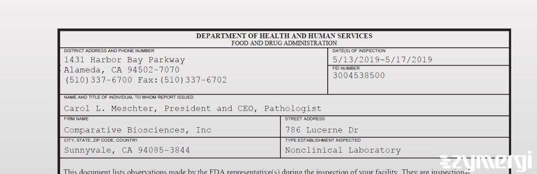 FDANews 483 Comparative Biosciences, Inc May 17 2019 top