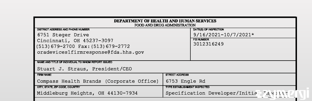 FDANews 483 Compass Health Brands (Corporate Office) Oct 7 2021 top