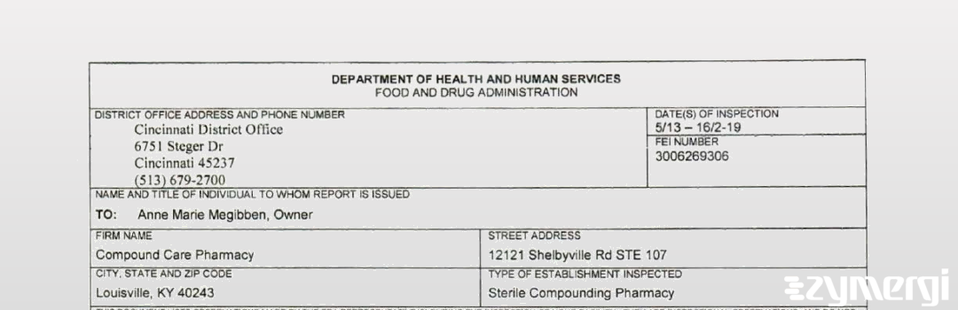 FDANews 483 Compound Care Pharmacy LLC May 16 2019 top