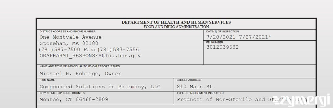 FDANews 483 Compounded Solutions in Pharmacy, LLC Jul 27 2021 top