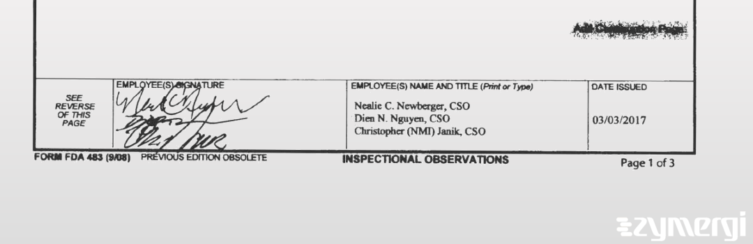 Nealie C. Newberger FDA Investigator Dien N. Nguyen FDA Investigator Christopher Janik FDA Investigator 