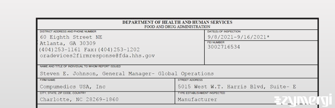 FDANews 483 Compumedics USA, Inc Sep 16 2021 top